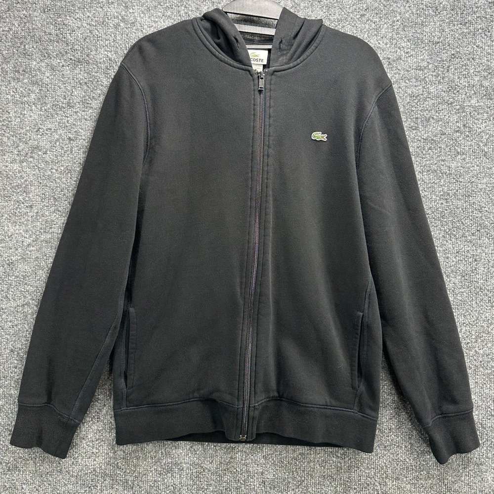 Lacoste Mens Full Zip Hoodie Black Cotton French Terry Logo F8330 Size 3 Small